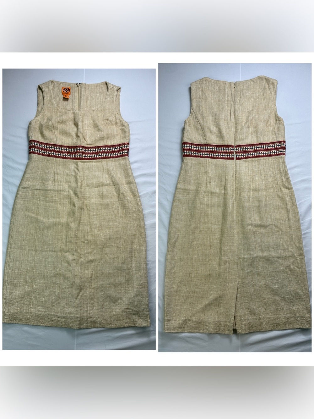 Tory Burch Silk sz12 Tan/Beige Midi Fitted Sheath Dress Beaded Embellishment.